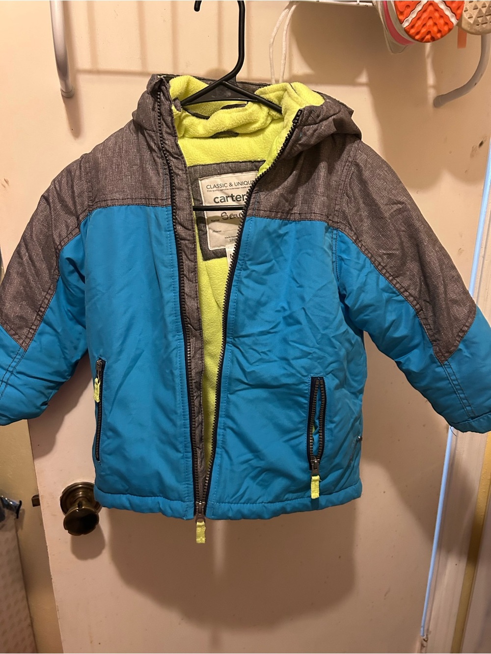 Carter's Blue and Gray Hooded Puffer Jacket with Lime Lining